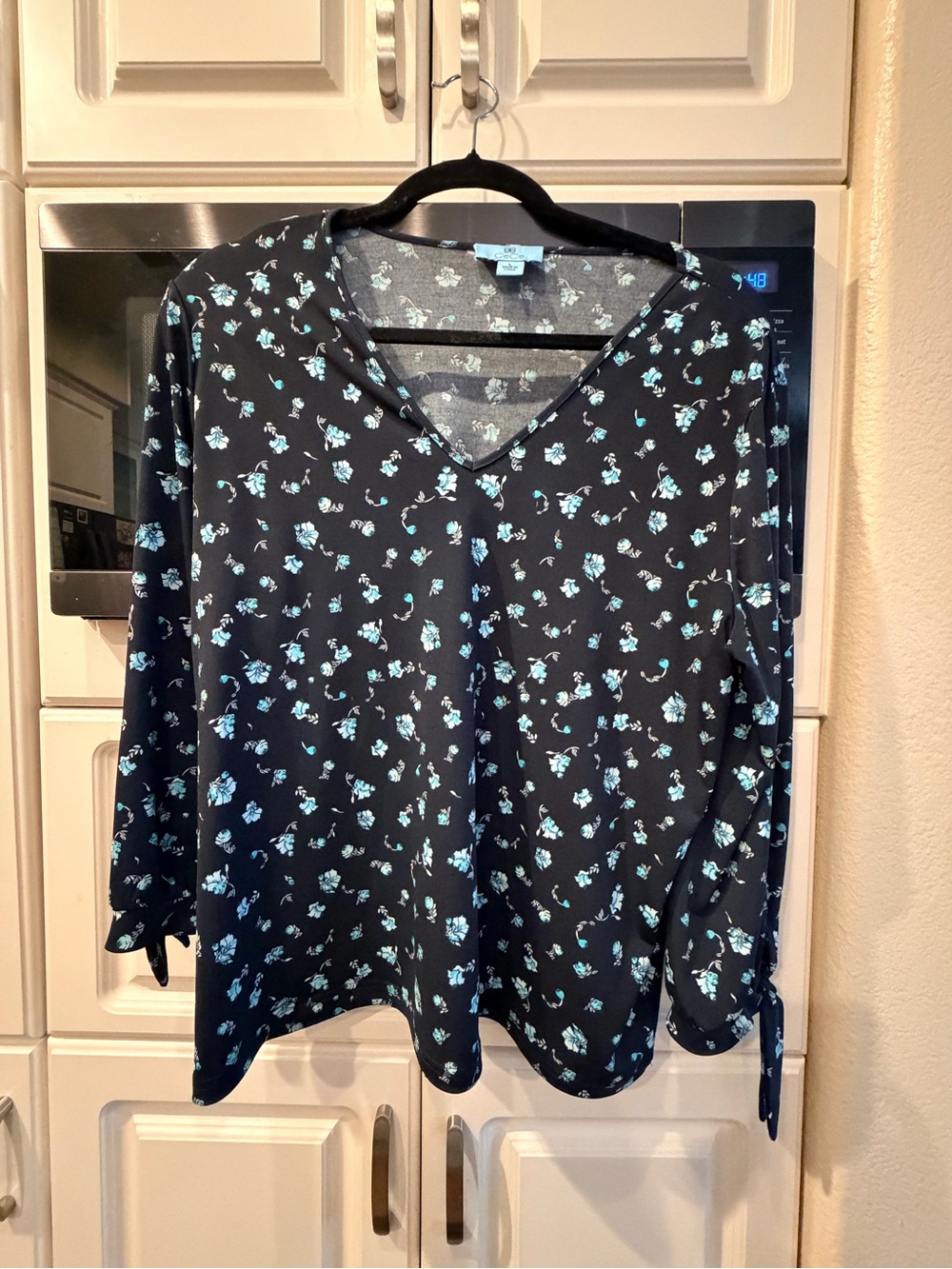 CeCe Blue Blouse with Mint Floral Print